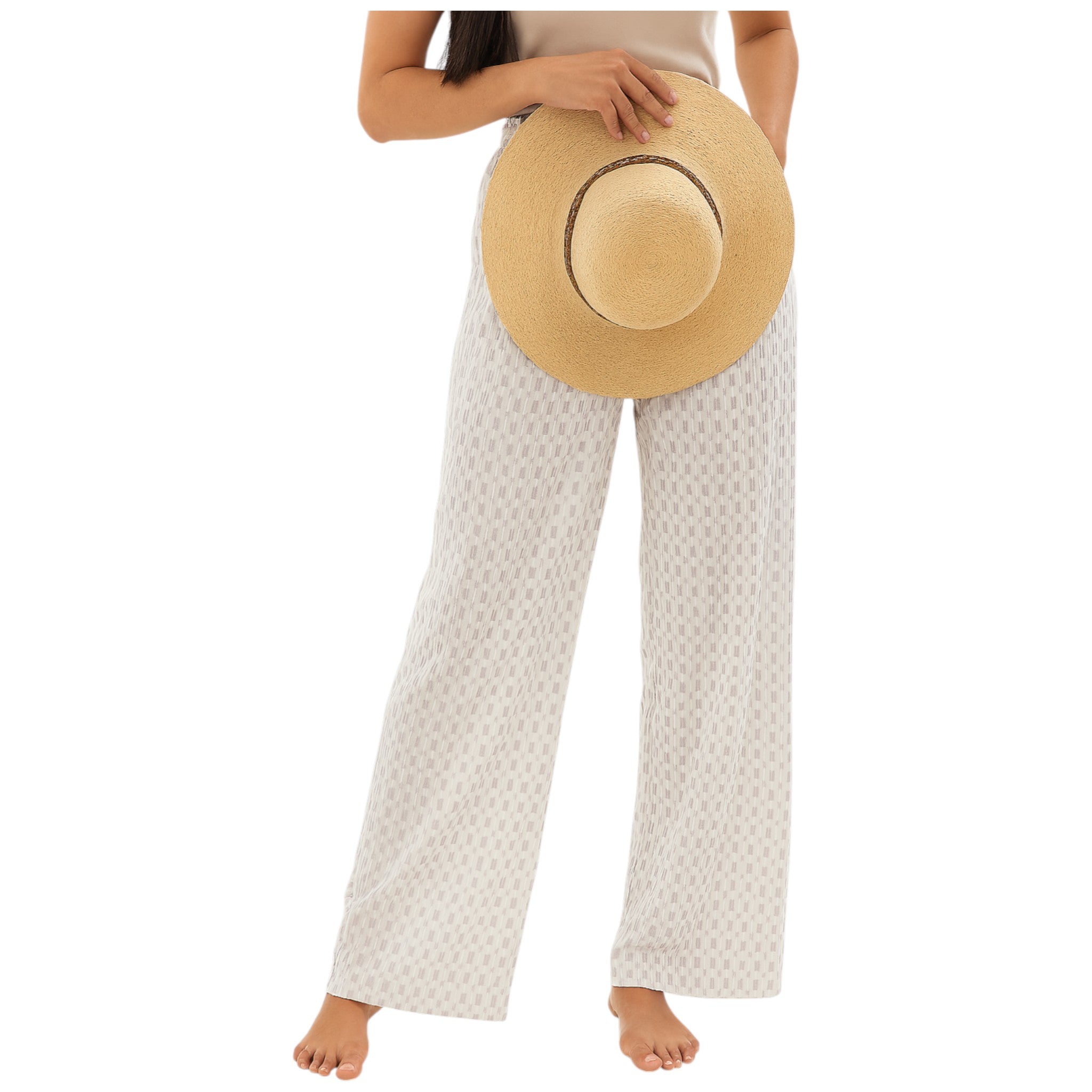 Ladies Beige and White Check Design Palazzo Trousers – Wide Leg Lightweight Summer Pants